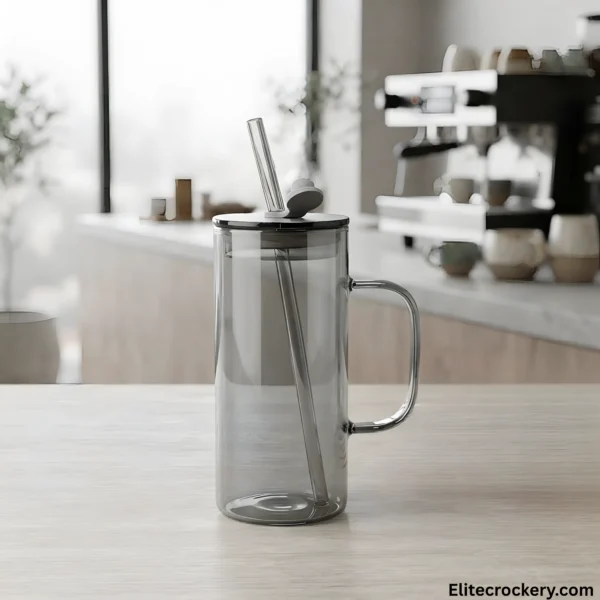 Minimalist glass mug with straw side view