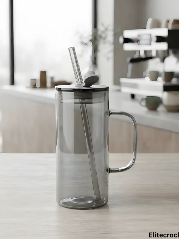 Minimalist glass mug with straw side view