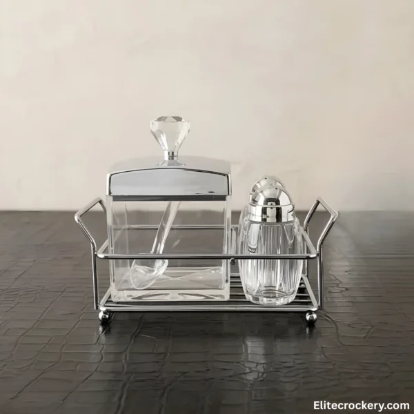Crystal Salt and Pepper Shaker Set with condiment jar on textured table