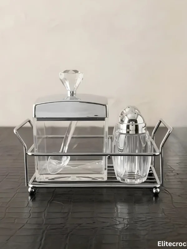 Crystal Salt and Pepper Set Crystal Salt and Pepper Shaker Set with condiment jar on textured table