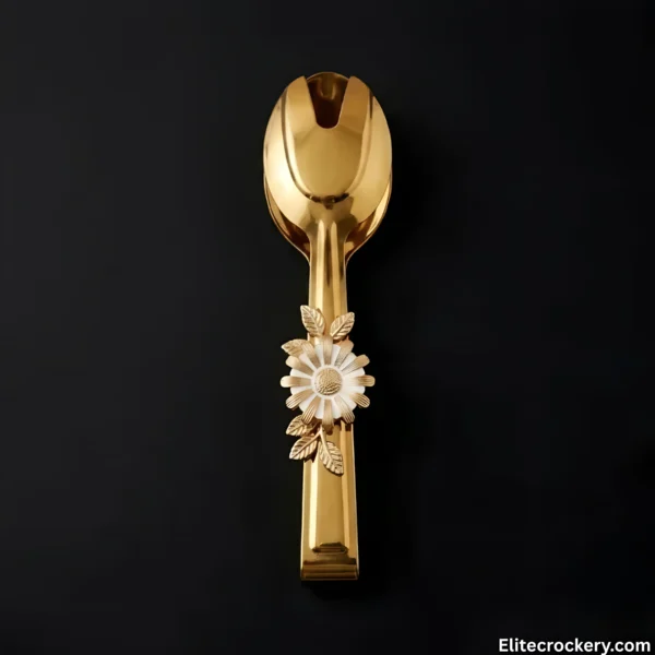Gold Serving Tongs Flat Flat view of gold floral serving tongs