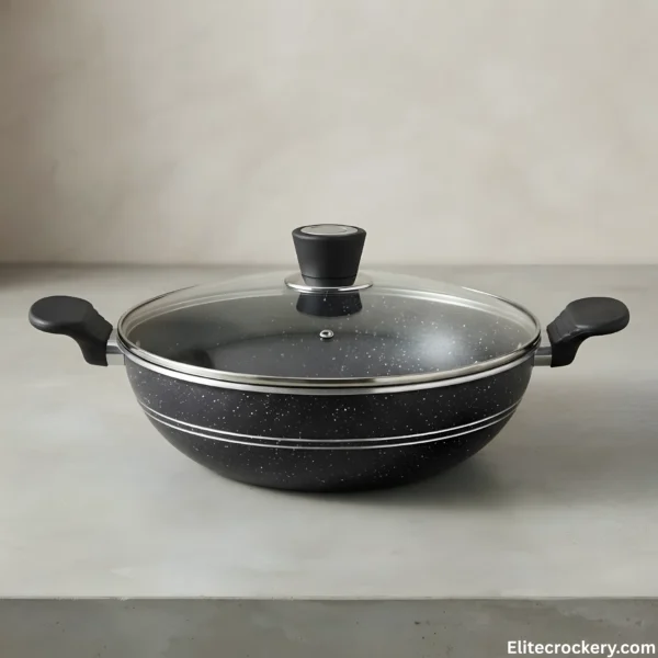 SK Non Stick Wok Karahi SK non stick wok karahi with glass lid side view