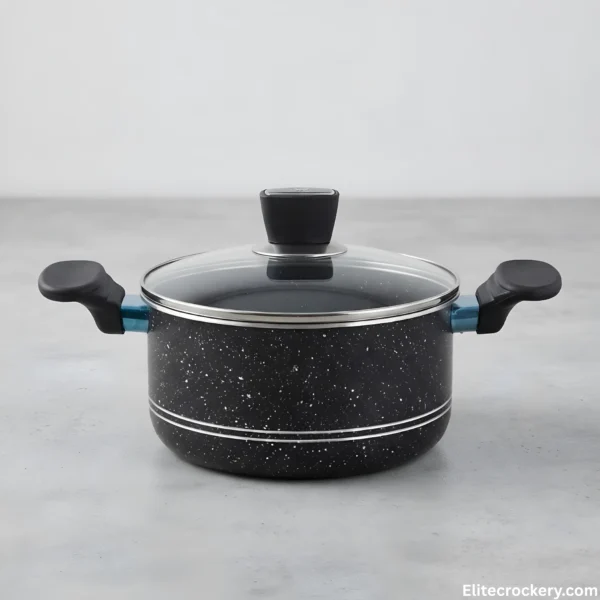 Small SK Non Stick Pot Small SK non stick cooking pot with blue handle accents