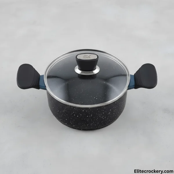 SK Non Stick Pot Top View Overhead view of SK non stick cooking pot with glass lid