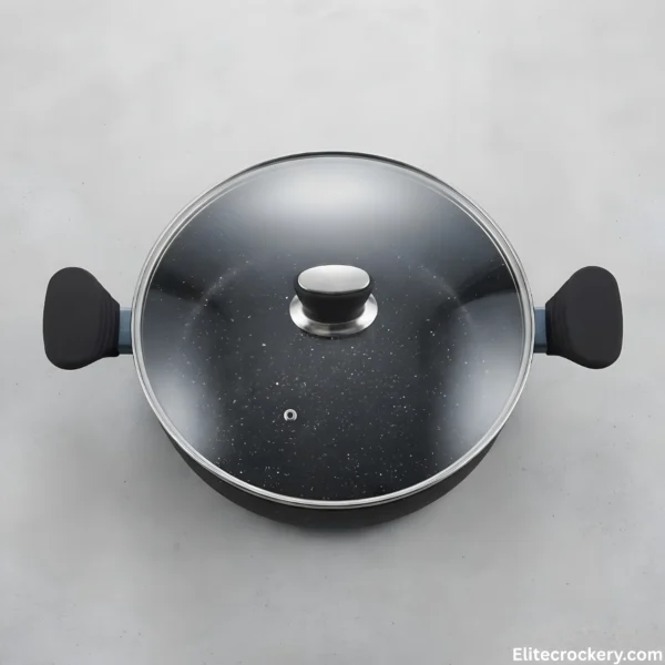 SK Non Stick Wok Overhead Top down view of SK non stick wok karahi with glass cover
