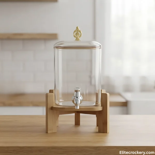 Single glass water dispenser with wooden stand and silver tap