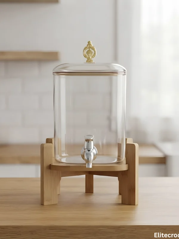 Single Glass Water Dispenser with Wooden Stand Single glass water dispenser with wooden stand and silver tap