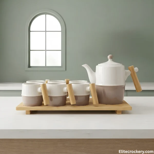 8 piece coffee set with wooden tray featuring kettle and 6 mugs