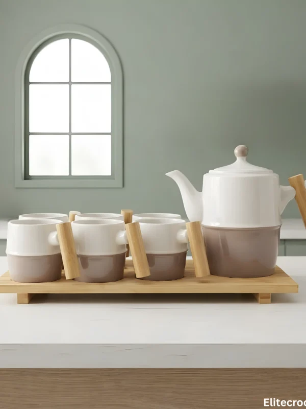 8 piece coffee set with wooden tray featuring kettle and 6 mugs