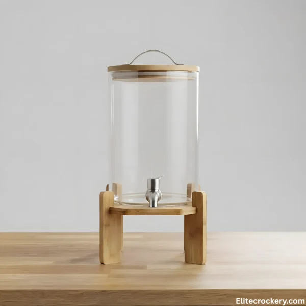 Glass Water Dispenser with Wooden Stand Clear glass water dispenser with wooden stand and silver tap