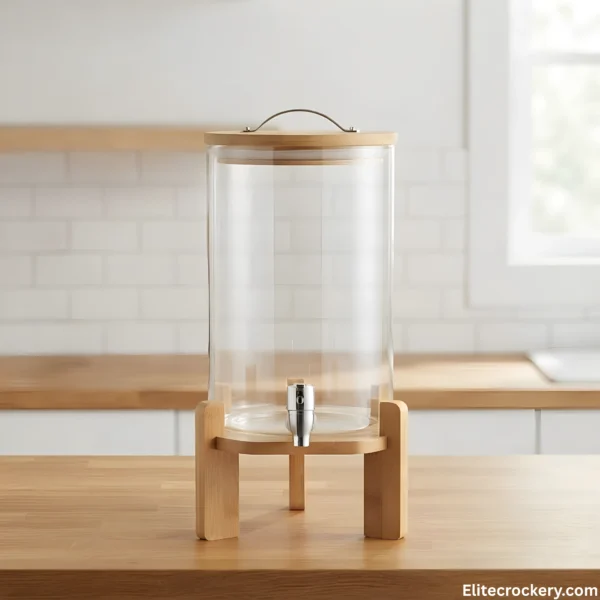 Glass Water Dispenser with Wooden Stand on Countertop Modern glass water dispenser with wooden stand in kitchen