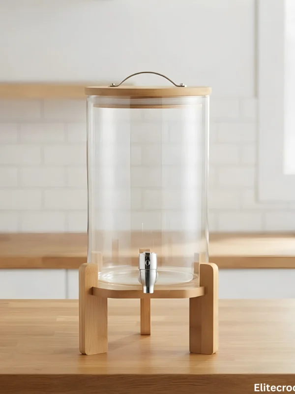 Glass Water Dispenser with Wooden Stand on Countertop Modern glass water dispenser with wooden stand in kitchen