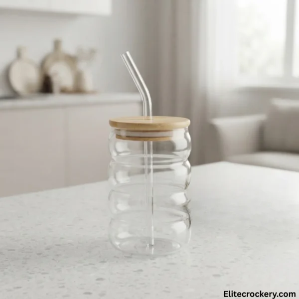 Rippled Glass Tumbler with Bamboo Lid | Price in Pakistan