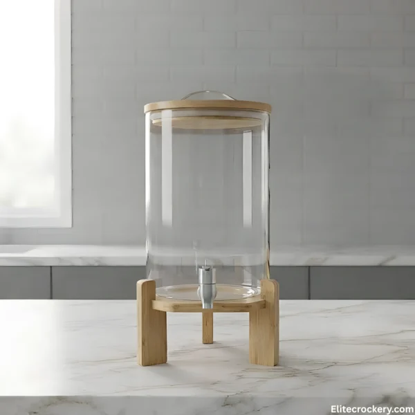 Glass Water Dispenser with Wooden Stand Marble Setup Glass water dispenser with wooden stand on marble table