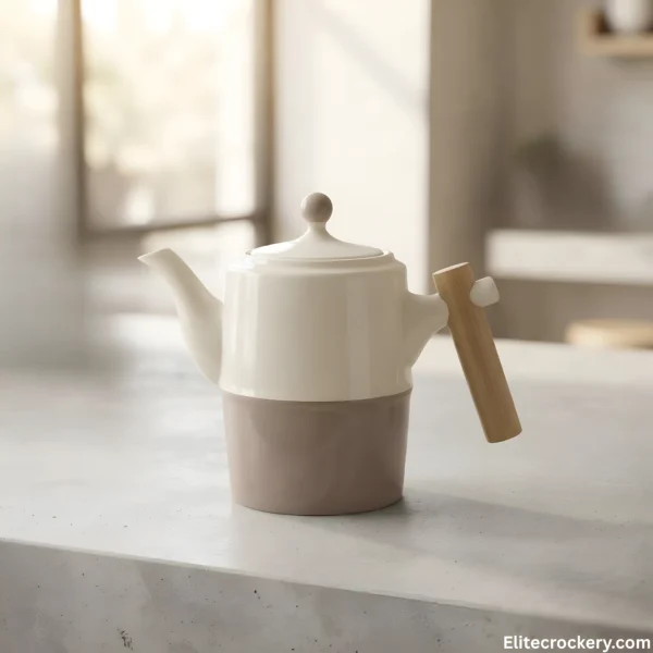 Dual-tone ceramic teapot with wooden handle and knob