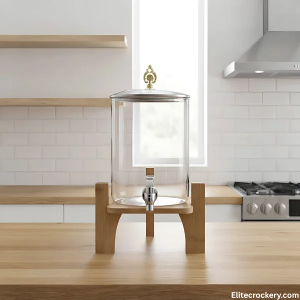 Clear glass water dispenser with wooden stand in modern kitchen