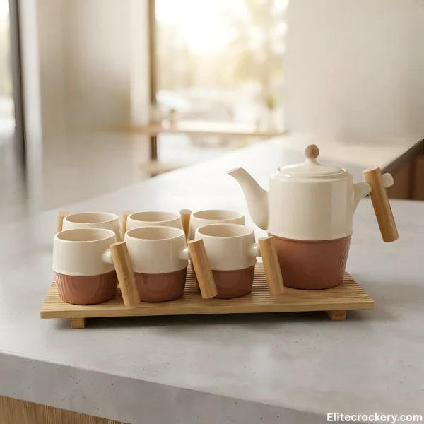 8 piece coffee set with wooden tray on kitchen table