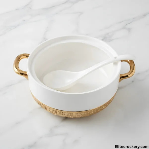 White ceramic soup tureen with ladle and gold handles