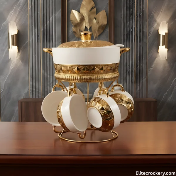 Luxury ceramic soup set on gold stand placed on wooden table