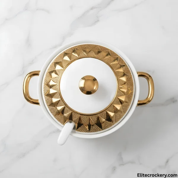 Top view of ceramic soup tureen lid with gold geometric pattern