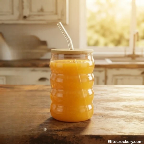 Rippled glass tumbler filled with juice