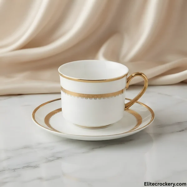Parsachi Tea Cup Display Parsachi Gold Trim Teacup on White Marble Table