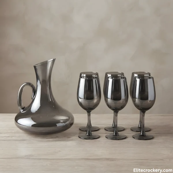 Smoky Glass Water Set with Jug and 6 Stemmed Glasses