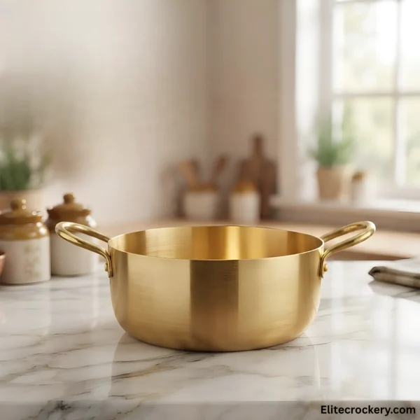 Luxury golden serving pot on marble countertop setup