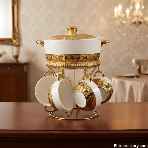 Premium ceramic soup set with stand in warm chandelier dining setup