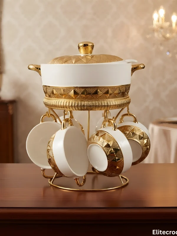 Ceramic Soup Set with Stand Centerpiece Premium ceramic soup set with stand in warm chandelier dining setup