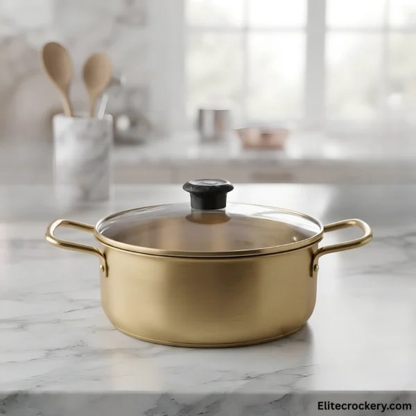 Close-up of 20cm golden serving pot with glass lid
