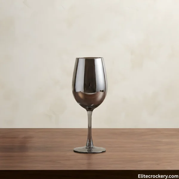 Single Glass Goblet from Smoky Glass Water Set on Wooden Surface