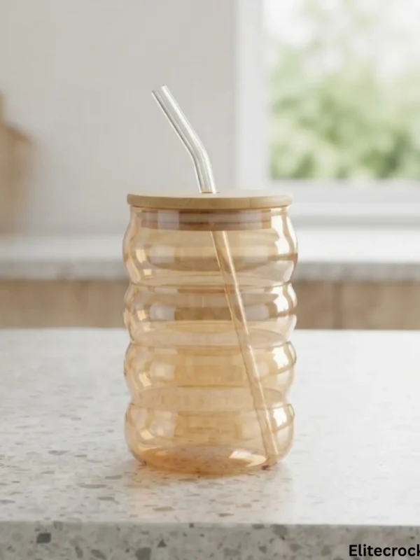 Empty rippled glass tumbler on counter