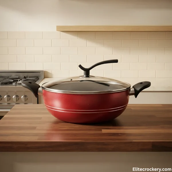 Chef Stylish Wok Karahi Chef Stylish Non Stick Wok Karahi with Glass Lid Metallic Red