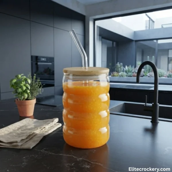 Rippled glass sipper with juice in kitchen
