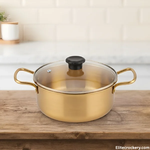 Golden Serving Dish 22cm 22cm Golden Serving Pot on Wooden Dining Table