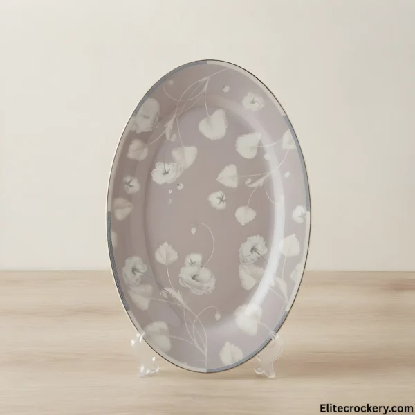 Elegant Porcelain Floral Oval Platter Grey floral oval serving platter from Elegant bone dinner 61 piece set