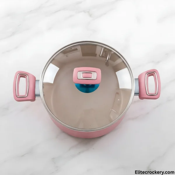 Overhead view of SK kitchen set cooking pot glass lid