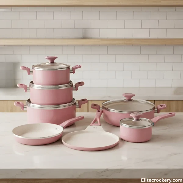 Complete SK kitchen set 16 piece display in pink on marble