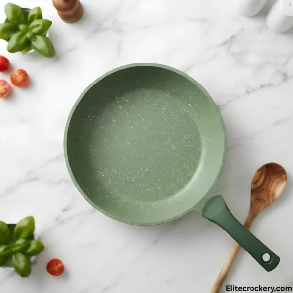 Top down view of Prestige green non stick frying pan