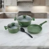 Prestige 3 piece non stick cookware set in green on counter