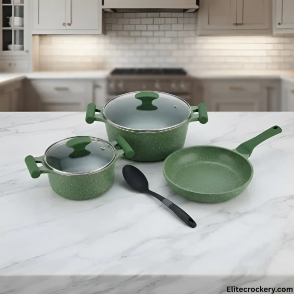 Prestige 3 piece non stick cookware set in green on counter