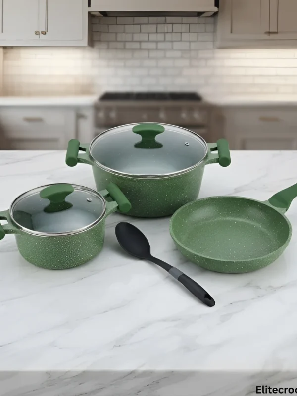 Prestige Non Stick Set Green 3 Piece Prestige 3 piece non stick cookware set in green on counter