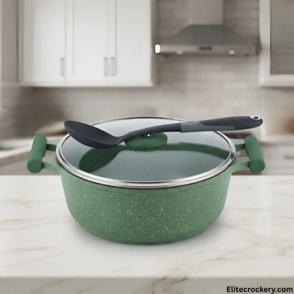 Green Prestige non stick cooking pot with glass lid and spoon