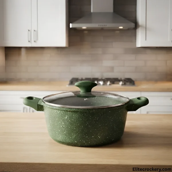 Green Prestige non stick handi pot sitting on kitchen wooden table