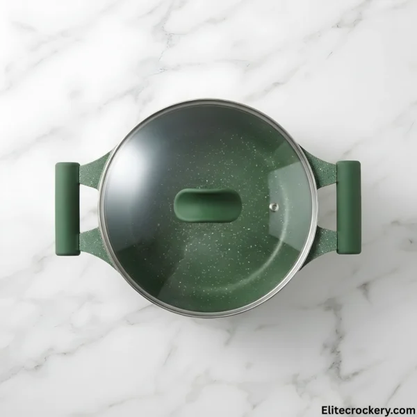 Top down view of green Prestige non stick pot with glass cover