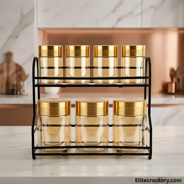 Modern Spice Rack Set with Glass Jars in luxury kitchen setup