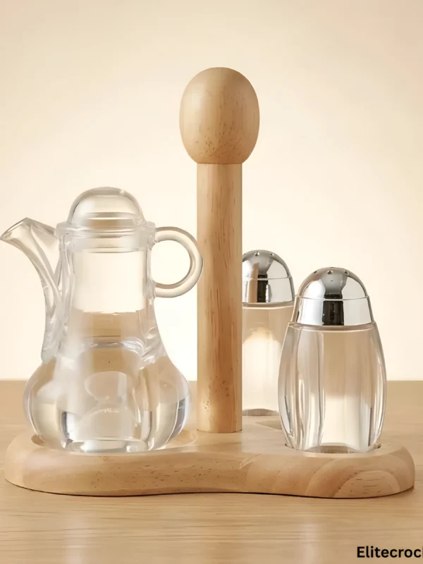 Luxury Cruet Set Luxury Oil and Vinegar Dispenser Set close up view on wooden surface