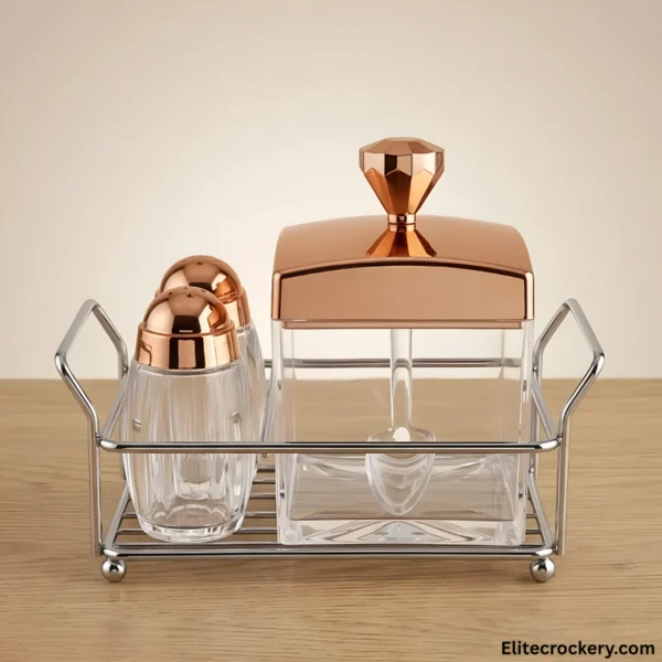 Luxury Crystal Salt and Pepper Shaker Set with rose gold finish on wood table