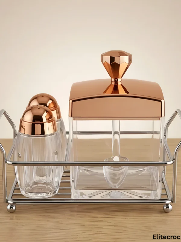 Luxury Condiment and Shakers Luxury Crystal Salt and Pepper Shaker Set with rose gold finish on wood table